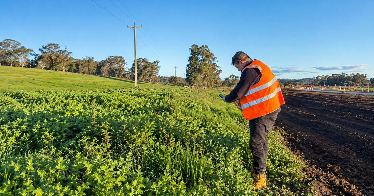 Vegetation management worker assessing roadside weeds beside a roadworks site